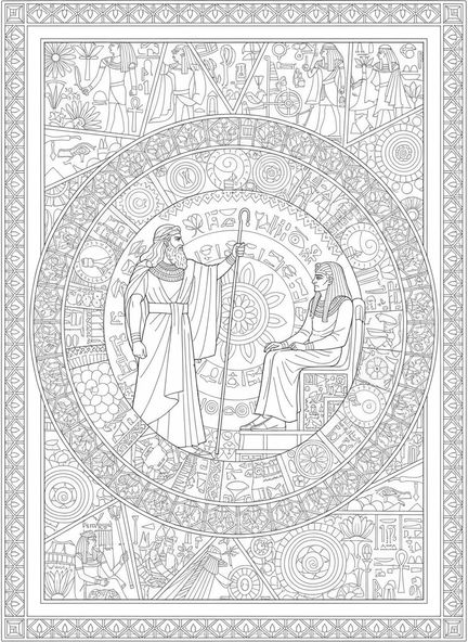 Moïse levant son bâton, page à colorier sur la Plaie du Sang dans le Nil pour adultes, style de journal biblique.