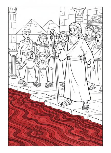 Moisés sosteniendo un bastón, página para colorear de la Plaga de Sangre en el Nilo para niños de la Escuela Dominical de 5 a 12 años.