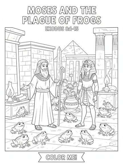 Moisés con el Faraón, página para colorear de las Plagas de las Ranas en Egipto para niños de la Escuela Dominical de 5 a 12 años.