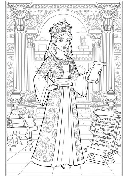 Königin Esther, Purim Ausmalbild für Sonntagsschulkinder im Alter von 5-12 Jahren