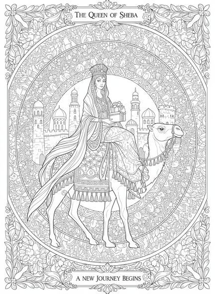 Elegante Königin von Saba, Ausmalbild der Königin von Saba für Erwachsene im Bibel-Journaling-Stil.