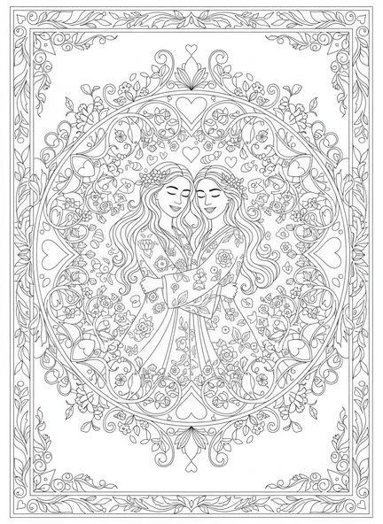 Deux sœurs s'embrassent, page à colorier Rachel et Léa pour adultes dans un style de journal biblique