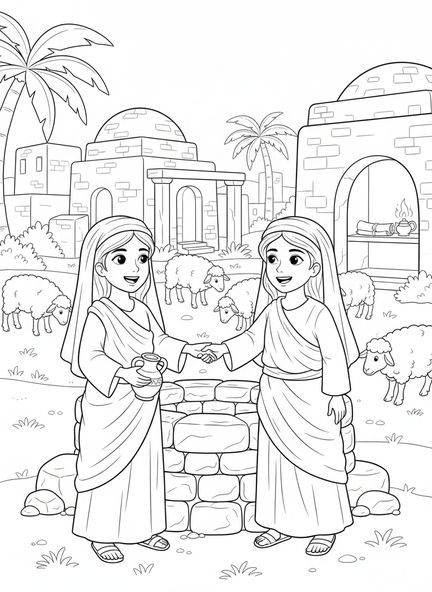 Lea saludando a Raquel, página para colorear de Raquel y Lea para niños de la Escuela Dominical de 5 a 12 años.