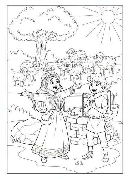 Raquel se encuentra con Isaac, página para colorear de Raquel para niños de 5 a 10 años