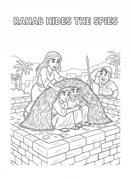 Rahab escondiendo espías, página para colorear de Rahab para niños de 5 a 10 años