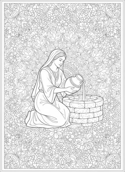 Rébecca tirant de l'eau, page à colorier Rébecca au puits pour le style de journal biblique pour adultes