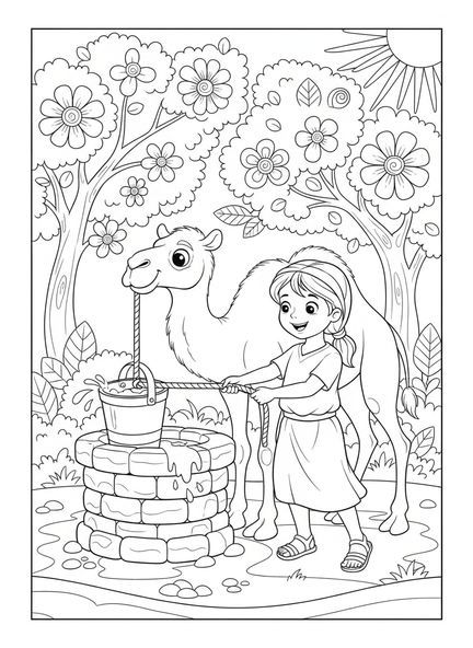 Rebecca avec une cruche d'eau, page à colorier Rebecca au puits pour les enfants de 5 à 10 ans