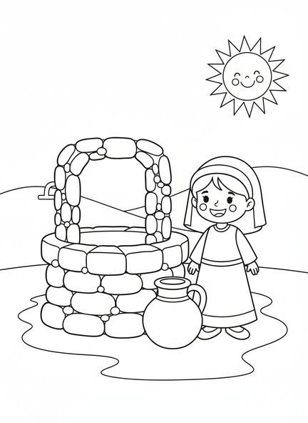 Rebeca sorridente, página de colorir Rebeca no Poço para crianças de 3 a 5 anos.