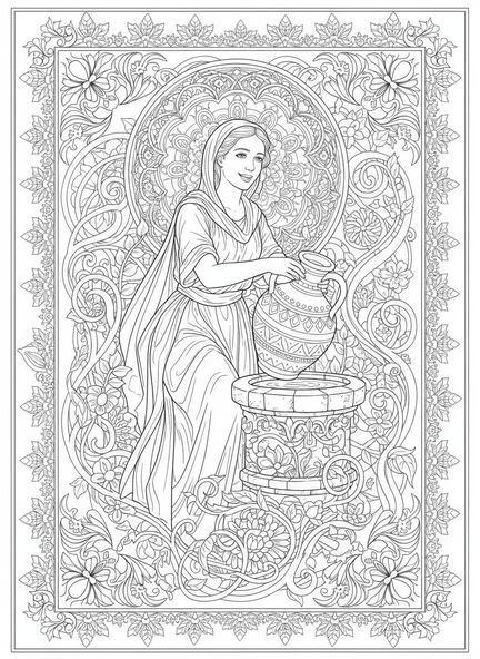 Rebecca remplissant une cruche d'eau, page à colorier pour adultes dans le style du journal biblique