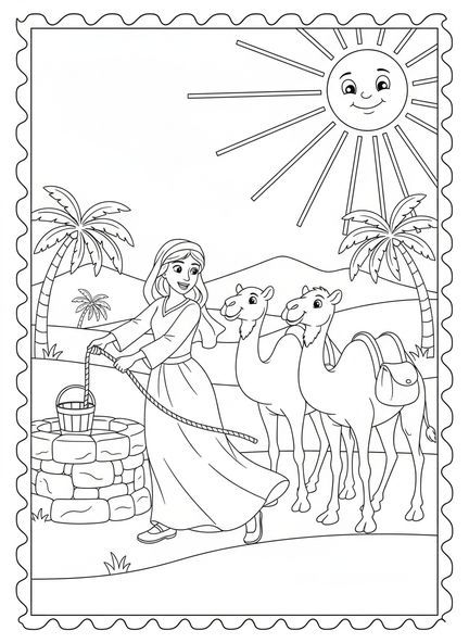 Rebecca tirant de l'eau, page à colorier pour enfants de 5 à 10 ans