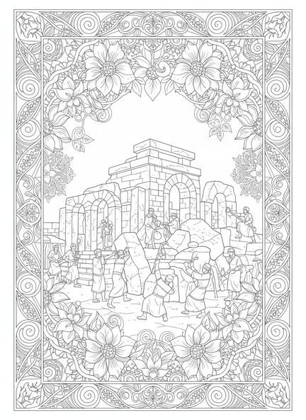 Arbeiter, die den Tempel bauen, Ausmalbild zum Wiederaufbau des Tempels im Stil des Bibeljournaling für Erwachsene.