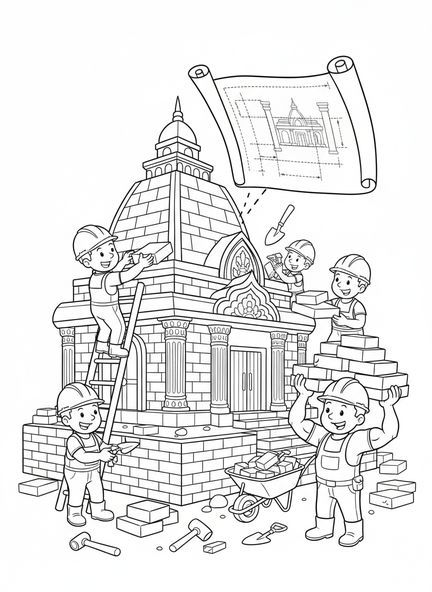 Cartoonarbeiter, Ausmalbild zum Wiederaufbau des Tempels für Kinder im Alter von 5-10 Jahren