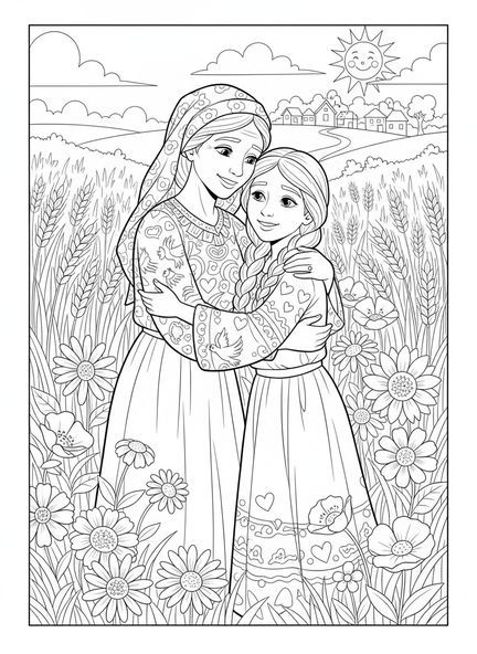 Umarmung von Naomi und Ruth, Ausmalbild für Kinder im Alter von 5-10 Jahren