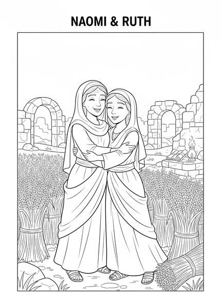 Naomi und Ruth umarmen sich, Ausmalbild für die Sonntagsschule für Kinder im Alter von 5-12 Jahren.