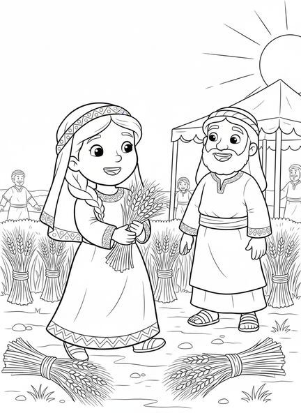 Ruth beim Ährenlesen, Ausmalbild von Ruth für Kinder im Alter von 5-10 Jahren.