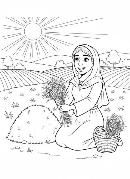 Rut recogiendo grano, página para colorear sobre el viaje de Rut y Noemí para niños de 5 a 10 años