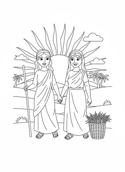 Ruth et Naomi marchant ensemble, page à colorier de Ruth pour les enfants de 5 à 10 ans
