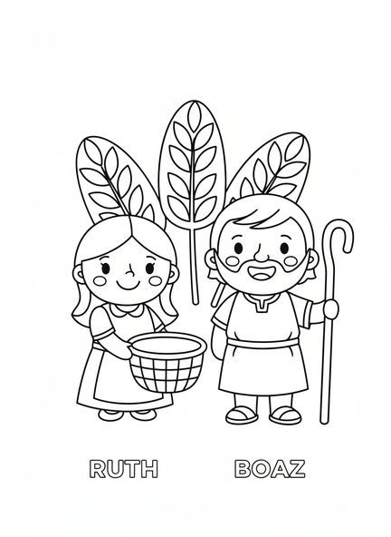 Ruth et Boaz souriants, page à colorier de Ruth pour les enfants d'âge préscolaire de 3 à 5 ans