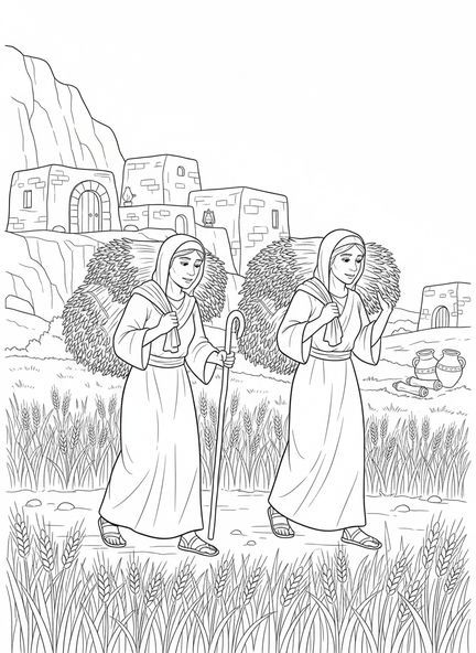 Naomi et Ruth, page à colorier sur Ruth pour les enfants de l'École du dimanche âgés de 5 à 12 ans