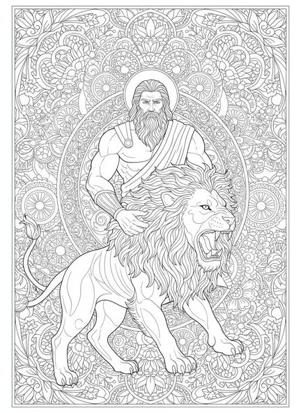 Sansón enfrentándose a un león rugiente, página para colorear de Sansón y el león estilo journaling bíblico para adultos