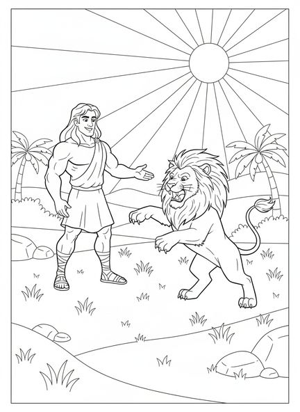 Samson se tenant avec confiance, page à colorier Samson et Lion pour enfants de 5 à 10 ans.