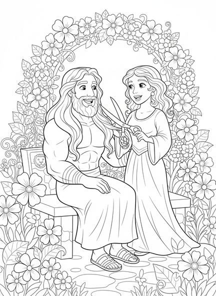 Sansón y Dalila sonriendo, página para colorear de Sansón y Dalila cortando el cabello para niños de 5 a 10 años