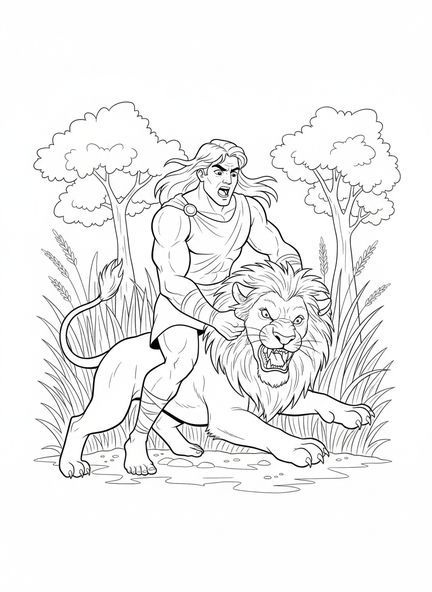 Sansón luchando con un león, página para colorear de Sansón con león para niños de 5 a 10 años