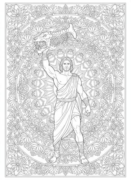 Samson tenant une mâchoire de lion, page à colorier de Samson pour adultes dans un style de journal biblique.