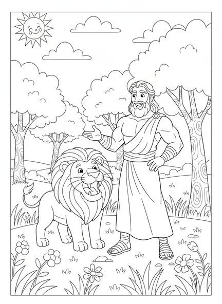 Samson avec un lion, page à colorier de Samson pour les enfants de 5 à 10 ans