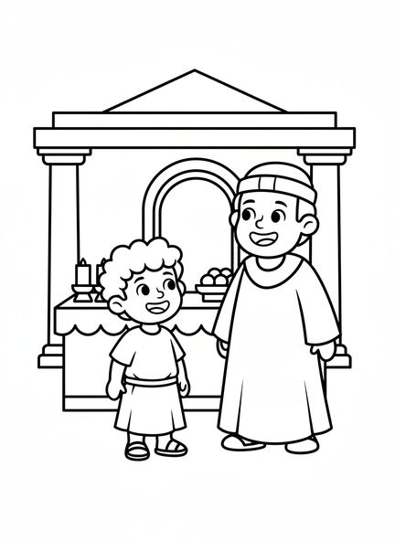 Samuel sorridente, página de colorir de Samuel criança no Templo para pré-escolares de 3 a 5 anos.