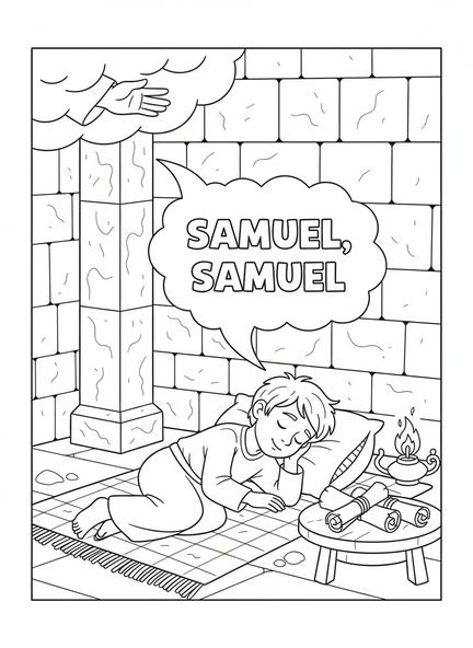 Le jeune Samuel dormant, page à colorier Samuel Prophète pour les enfants de l'École du dimanche âgés de 5 à 12 ans.