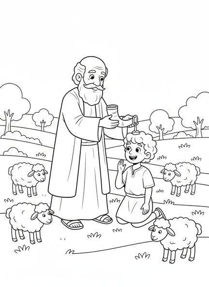 Samuel versant de l'huile, page à colorier de Samuel pour les enfants de 5 à 10 ans.