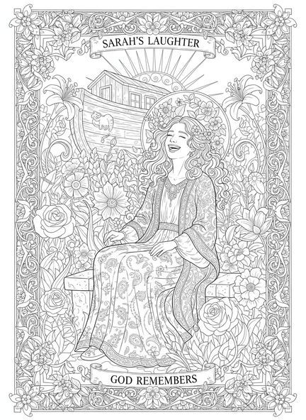 Sarah riant joyeusement, page à colorier de Sarah et Isaac pour le journal biblique