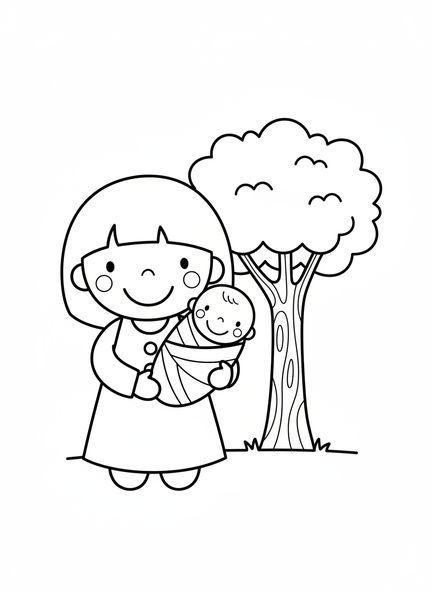 Uśmiechająca się Sara z małym Izaakiem, kolorowanka dla przedszkolaków w wieku 3-5 lat.