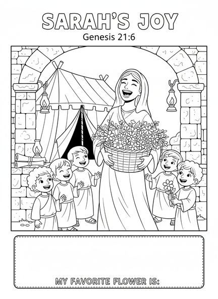 Sarah lacht mit Blumen, Ausmalbild von Sarah und Isaak für Kinder im Alter von 5-12 Jahren in der Sonntagsschule.