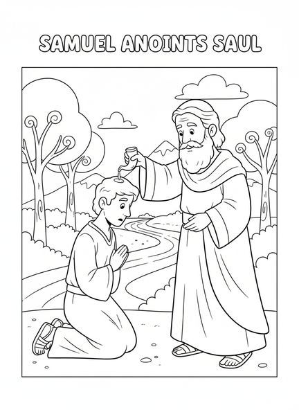 Samuel ungiendo a Saúl con aceite, página para colorear de Saúl Rey para niños de 5 a 10 años.