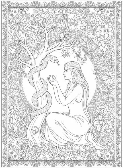 Eva neben dem Baum der Erkenntnis, Schlange im Garten Ausmalbild für Erwachsene im Bibel-Journaling-Stil.