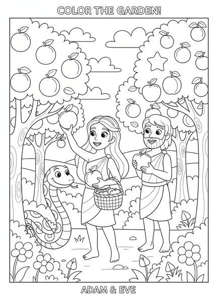 Eva und Adam pflücken Früchte, Schlange im Garten Malvorlage für Kinder im Alter von 5-10 Jahren