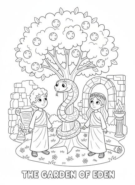 Serpiente de caricatura enroscada alrededor de un árbol, página para colorear de la Serpiente en el Jardín para niños de Escuela Dominical de 5 a 12 años.