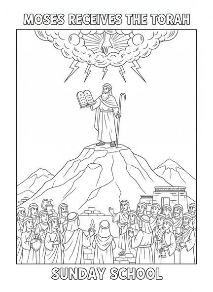 Moses empfängt die Tora, Schawuot Malvorlage für die Sonntagsschule Kinder im Alter von 5-12 Jahren.