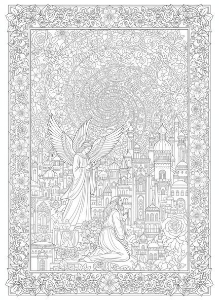 Deux anges, page à colorier Sodom et Gomorrhe pour adultes dans un style de journal biblique