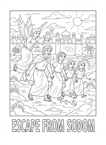 Deux anges, page à colorier Sodom et Gomorrhe pour enfants de 5 à 10 ans