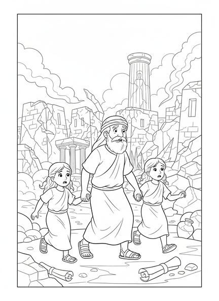 Lot und seine Töchter fliehen, Ausmalbild von Sodom und Gomorra für Sonntagsschulkinder im Alter von 5-12 Jahren.
