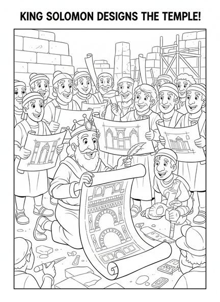 El rey Salomón dibujando, página para colorear de la Sabiduría de Salomón y la Construcción del Templo de Salomón para niños de 5 a 10 años