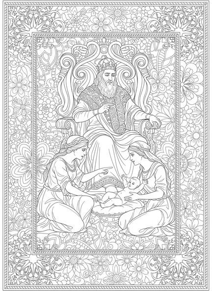 König Salomo auf dem Thron, Salomos Weisheit Ausmalbild für Erwachsene im Bibel-Journaling-Stil.