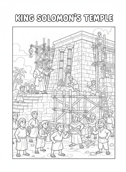 König Salomo beaufsichtigt, Ausmalbild von Salomos Tempel für Kinder im Alter von 5-10 Jahren