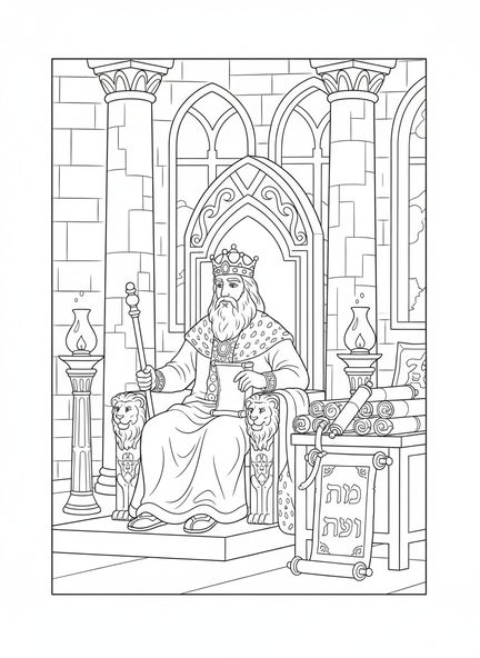 König Salomo, Ausmalbild des Thrones der Salomons Weisheit für Kinder in der Sonntagsschule im Alter von 5-12 Jahren.
