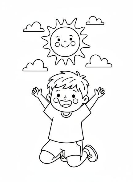 Josué sonriente arrodillado, página para colorear del Sol Detente para niños de 3 a 5 años.