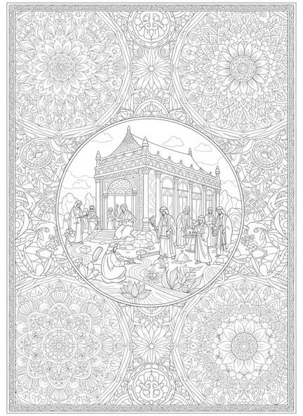 Handwerker bauen, Tabernakel in der Wüste Ausmalbild für Erwachsene im Bibel-Journaling-Stil
