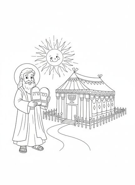 Moses mit den Steintafeln, Ausmalbild des Tabernakels in der Wüste für Kinder im Alter von 5-10 Jahren.